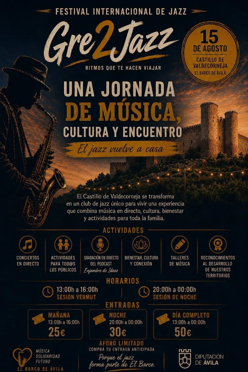Cartel del Festival Gre2Jazz 2026 · 15 de agosto en el Castillo de Valdecorneja, El Barco de Ávila